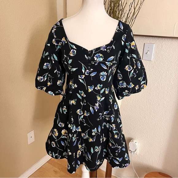 NICHOLAS Puff Sleeve Mini Dress Lydia Black Floral Print Cotton Size 6 - Picture 2 of 11